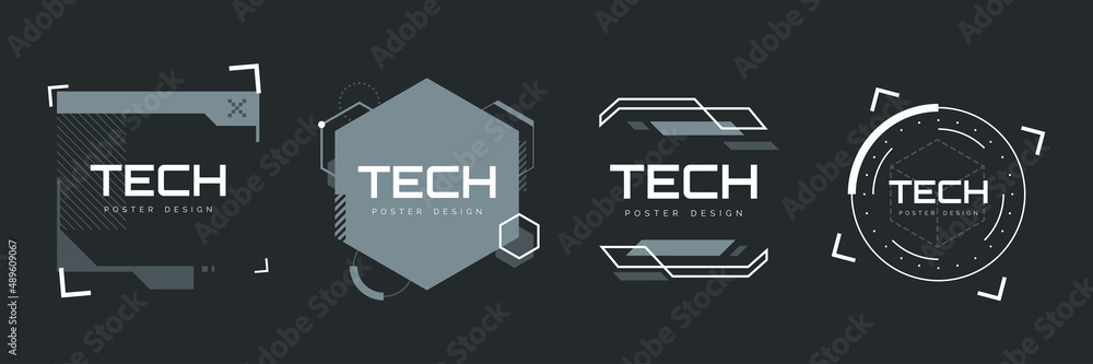 Aufkleber Text boxes collection in abstract technology style. Futuristic HUD elements set. High tech banners design with place for text. Modern sci-fi elements isolated on black background. Vector illustration