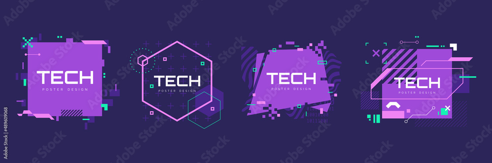 Aufkleber modern technology banners collection in cyberpunk style. abstract sci-fi text boxes with glitch effe