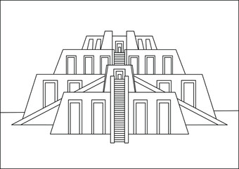 Sumerian architecture. Ziggurat. Black and white vector drawing.