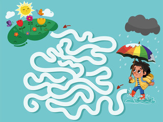 Maze game for kids with seasons content. Vector illustration.