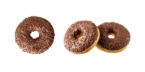 Dark chocolate glazed donut with  crumbs and creme filled flying.