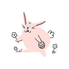 Cute easter isolated pink bunny in grass with flower in one paw and basket in other. Good for greeting cards, banners, invitations, flyers.