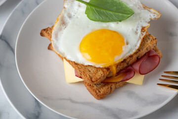 Sandwich with a fried egg, bacon, cheese and spinach