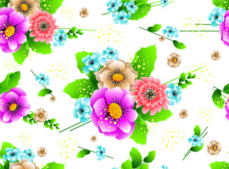Floral seamless pattern with pink, beige and blue flowers на белом фоне. Vector drawing for the design of fabrics, textiles, packaging, covers, wallpapers, websites, other.