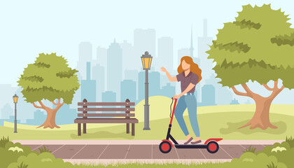 Woman riding kick scooter around city. Spring or summer landscape. Happy young girl at park. Sports and leisure outdoor activity. Eco transport. Vector illustration in flat cartoon style © makyzz