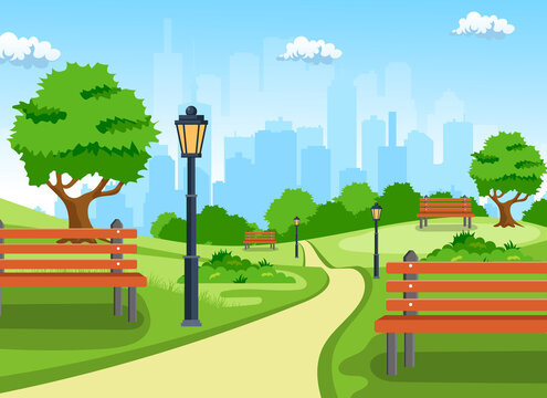 Bench with tree and lantern in the Park. Vector illustration in flat style
Summer city park panorama vector illustration.