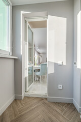 Fototapeta na wymiar long corridor in interior of entrance hall of modern apartments with doors, cabinets, shelves and a mirror