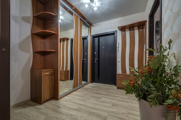 long corridor in interior of entrance hall of modern apartments with doors, cabinets, shelves and a mirror