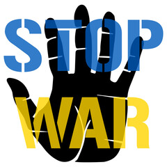 Stop War in Ukraine concept - children hand with text painted in national colors of the flag. Open palm gesture vector illustration. Save Ukraine from Russia. No war in Ukraine country, and all world.