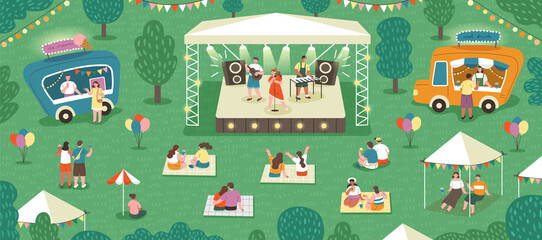 Outdoor music festival abstract concept. Young people sitting on grass in park, having picnic and listening to performance of their favorite band. Entertainment. Cartoon flat vector illustration - obrazy, fototapety, plakaty