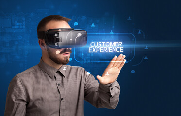 Businessman looking through Virtual Reality glasses, social media concept