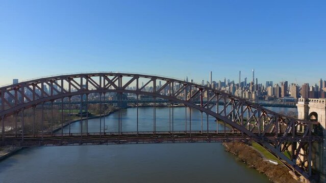Aerial Pan View of the Hell Gate Bridge
