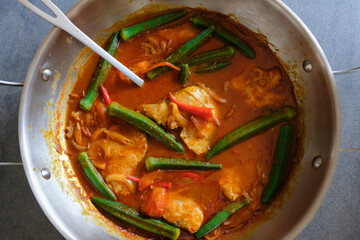 Delicious homemade meal. Assam Pedas Fish aka Tamarind Fish. You can use pomfret, threadfin or stingray fish as they all taste as good, the gravy you can either make your own or buy pre-packed