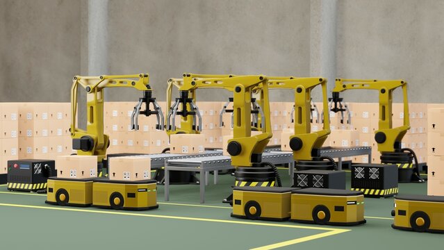 Robotic arm loading cartons on pallet. Boxes on conveyor of manufacture. Automate processes production on factory, Logistics technology of industry,Green Backgrurd. 3d render.