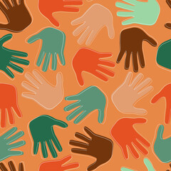 Seamless pattern with multicolored palms of hands. The concept of equality, unity, friendship between people. Vector graphics.