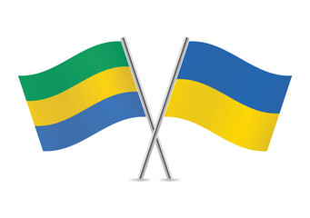 Gabon and Ukraine crossed flags. Gabonese and Ukrainian flags, isolated on white background. Vector icon set. Vector illustration.