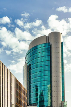 Glass building in the AZCA business center in Madrid, Spain.