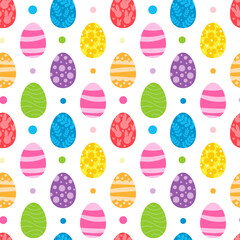 Vector seamless pattern. Background with many Rabbits, eggs, flowers, leaves scattered. Festive Easter Day surface pattern design. Spring season. For printing on fabric and paper, cards, social media