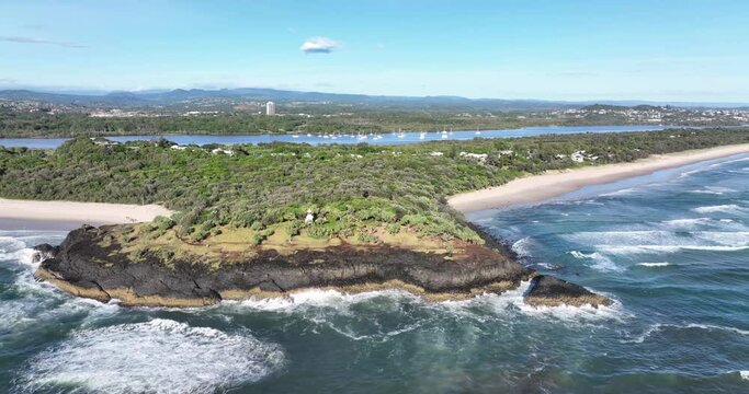 Fingal Headland with the Tweed River behind and Mt Warning on the horizon. Also looking north towards Tweed Heads and the Gold Coast high-rise