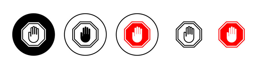 Stop icons set. stop road sign. hand stop sign and symbol. Do not enter stop red sign with hand