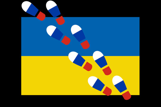 ウクライナ国旗とロシアの足跡