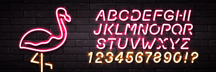 Vector realistic isolated neon sign of Flamingo with easy to change color font alphabet logo for decoration and covering on the wall background.