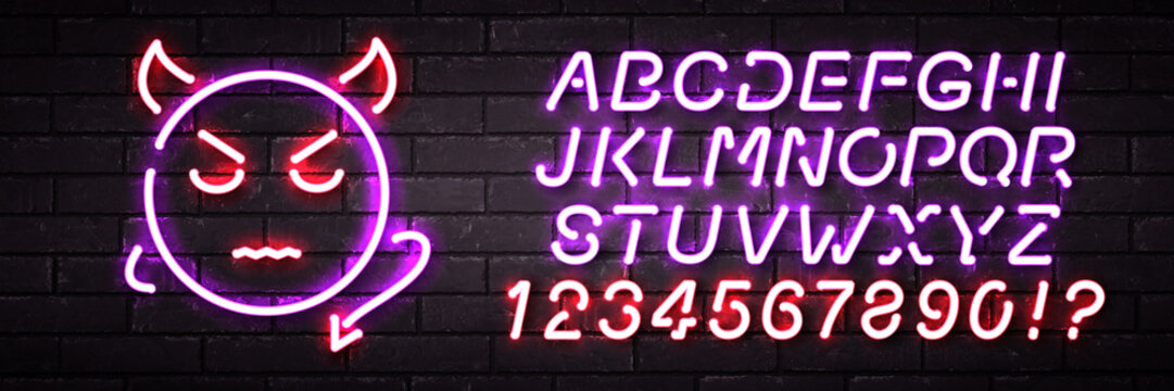 Vector realistic isolated neon sign of Devil with easy to change color font alphabet logo for decoration and covering on the wall background.
