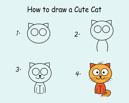 Step to step draw a Cute Cat. Good for drawing child kid illustration. Vector illustration