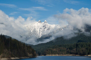 Lions mountain and Capilano Lake on a winter sunny day.   British Columbia, Canada
