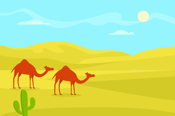 Nature vector concept. Two camels walking on the oasis desert with sand hill background