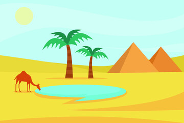 Fototapeta na wymiar Nature vector concept. Thirsty camel drinks water in the oasis desert with pyramid background