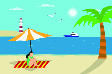 Fototapeta na wymiar Vacation vector concept. Young woman enjoying summer holiday while sitting on the mat under umbrella with lighthouse background