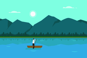 Vacation vector concept. Young man holding paddle while rowing boat in the river with mountain background