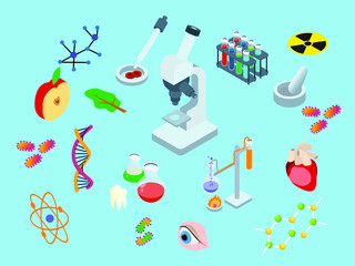 Research vector concept. Microscope with medical equipments in the laboratory