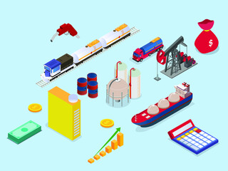 Petroleum industry isometric concept. Processing petroleum industry with oil transportation and storage