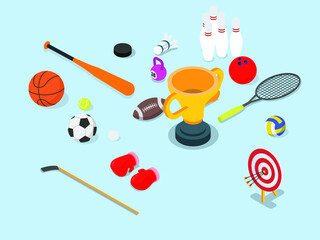 Sports tools vector concept. Trophy with various goods sports in the studio
