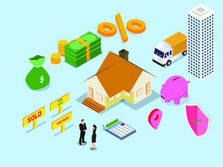 Property isometric vector concept. Two people discussing about sell or buy a housing property while standing with money
