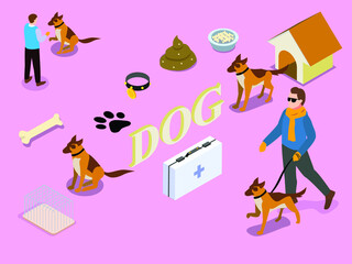 Dog vector concept. Two young men playing with their dog while standing with dog word