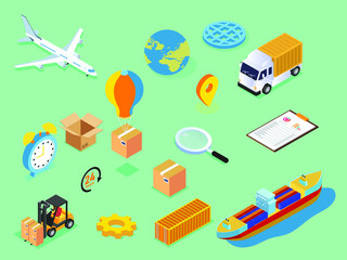 Distribution vector concept. Logistic distribution with shipping transportation and laptop in the green screen background