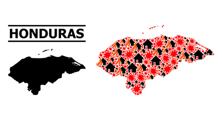War mosaic vector map of Honduras. Geographic mosaic map of Honduras is designed from randomized fire, destruction, bangs, burn homes, strikes. Vector flat illustration for war agitprop.