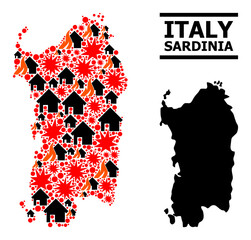 War collage vector map of Sardinia region. Geographic concept map of Sardinia region is created with randomized fire, destruction, bangs, burn realty, strikes.