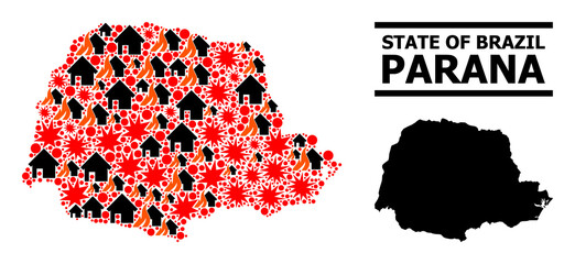 Obraz premium War collage vector map of Parana State. Geographic concept map of Parana State is organized from randomized fire, destruction, bangs, burn homes, strikes. Vector flat illustration for war propaganda.