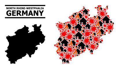 Obraz premium War mosaic vector map of North Rhine-Westphalia State. Geographic mosaic map of North Rhine-Westphalia State is done with randomized fire, destruction, bangs, burn homes, strikes.