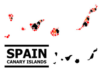 War pattern vector map of Canary Islands. Geographic concept map of Canary Islands is created with scattered fire, destruction, bangs, burn homes, strikes. Vector flat illustration for war agitprop.