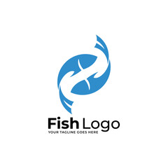 Blue round icon with fish and wave in three color variants isolated on white background