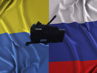 Russia Ukraine conflict. tanks on the flags of Russia and Ukraine in the background - 489620234