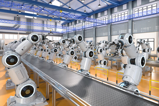 Automation industry concept with 3d rendering robot assembly line
