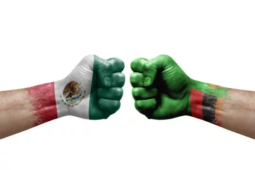 Foto op Aluminium Two hands punch to each others on white background. Country flags painted fists, conflict crisis concept between mexico and zambia © prehistorik