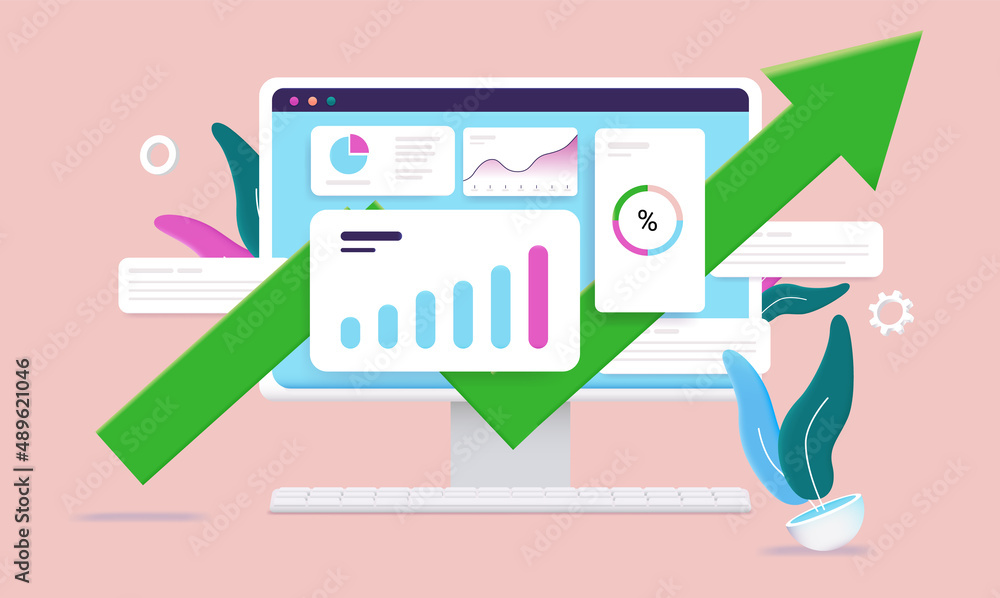 Poster positive data results on computer screen - desktop monitor with rising green arrow, charts and graph