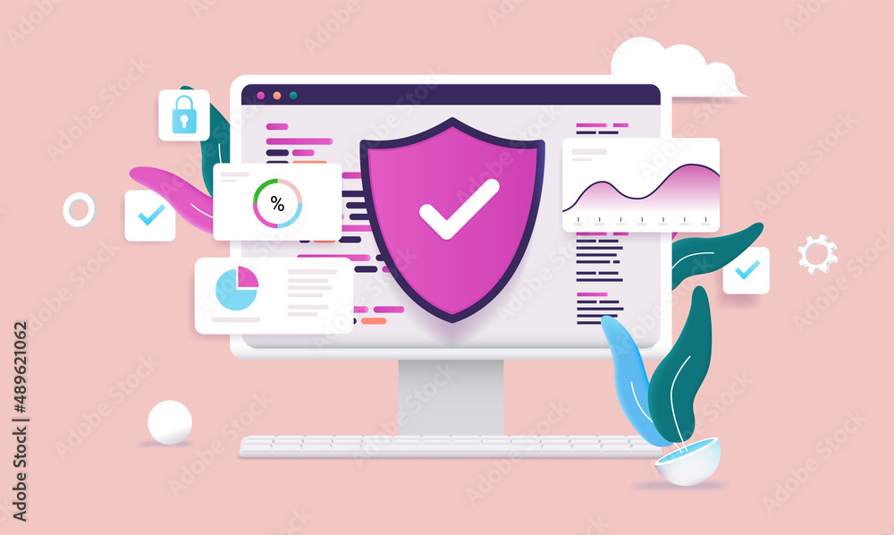 Poster Computer security vector illustration with protective shield and desktop screen with abstract code, charts and graphs.